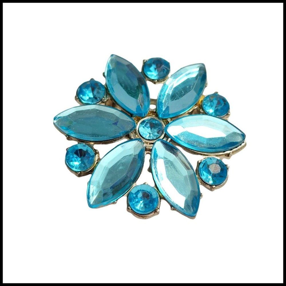Vintage Glass Stone Light‎ Blue Brooch Pin Flower Round